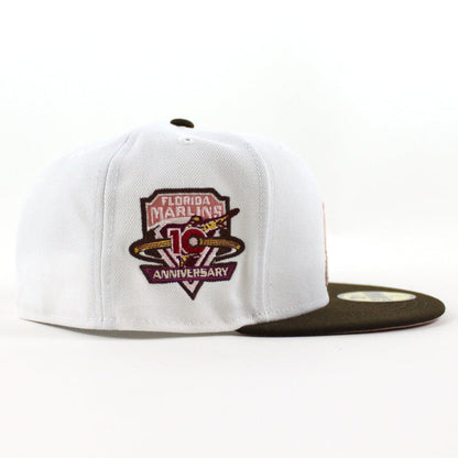 Florida Marlins 10th Anniversary New Era 59Fifty Fitted Hat (Glow in the Dark WHITE WALNUT PINK ROUGE Under brim)