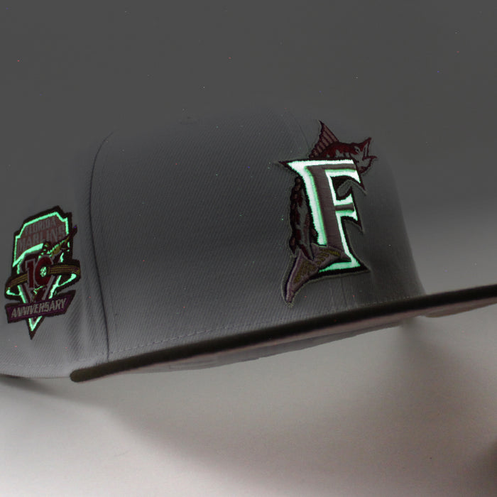 Florida Marlins 10th Anniversary New Era 59Fifty Fitted Hat (Glow in the Dark WHITE WALNUT PINK ROUGE Under brim)