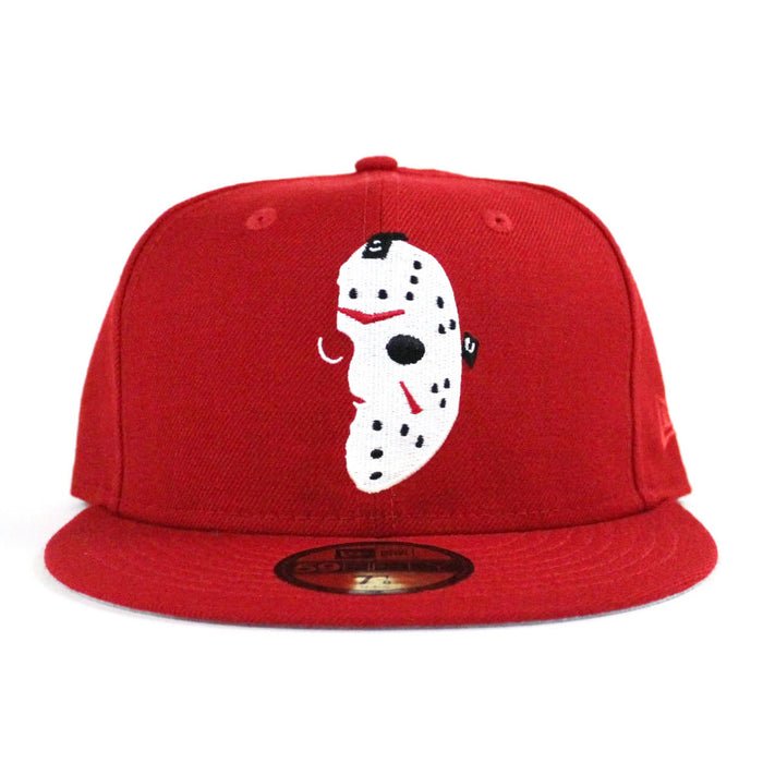 Friday the 13th Jason Head New Era 59Fifty Fitted Hat (Red Gray Under Brim)
