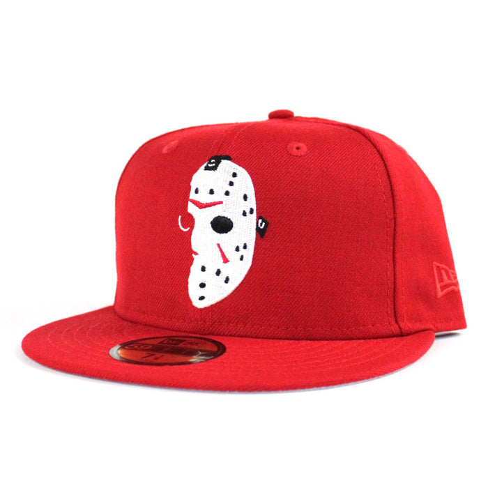 Friday the 13th Jason Head New Era 59Fifty Fitted Hat (Red Gray Under Brim)