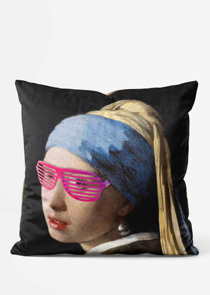 Girl With Pink Shutter Shades Cushion, front view