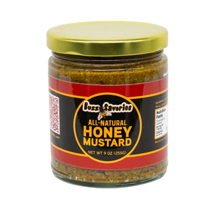 Jar of Buzz Savelle's All-Natural Honey Mustard on a white background