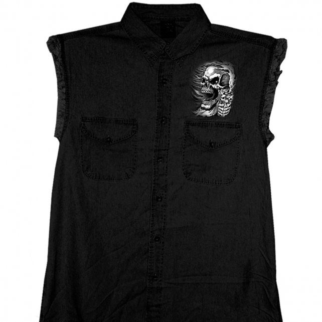Hot Leathers Assassin Sleeveless Denim Biker Shirt Skull & Pistols