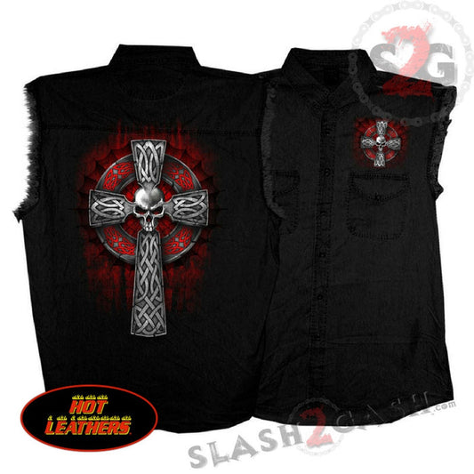 Hot Leathers Celtic Cross Black Sleeveless Denim Button Up Biker Shirt
