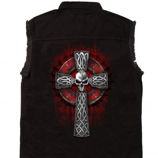 Hot Leathers Celtic Cross Black Sleeveless Denim Button Up Biker Shirt
