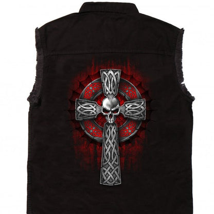 Hot Leathers Celtic Cross Black Sleeveless Denim Button Up Biker Shirt