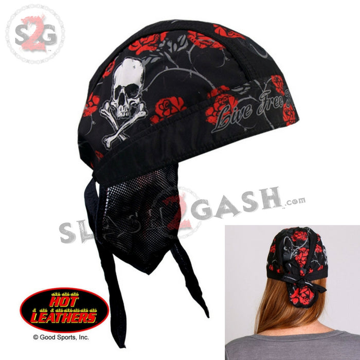 Hot Leathers Skull & Roses Headwrap Lightweight Live Free Durag