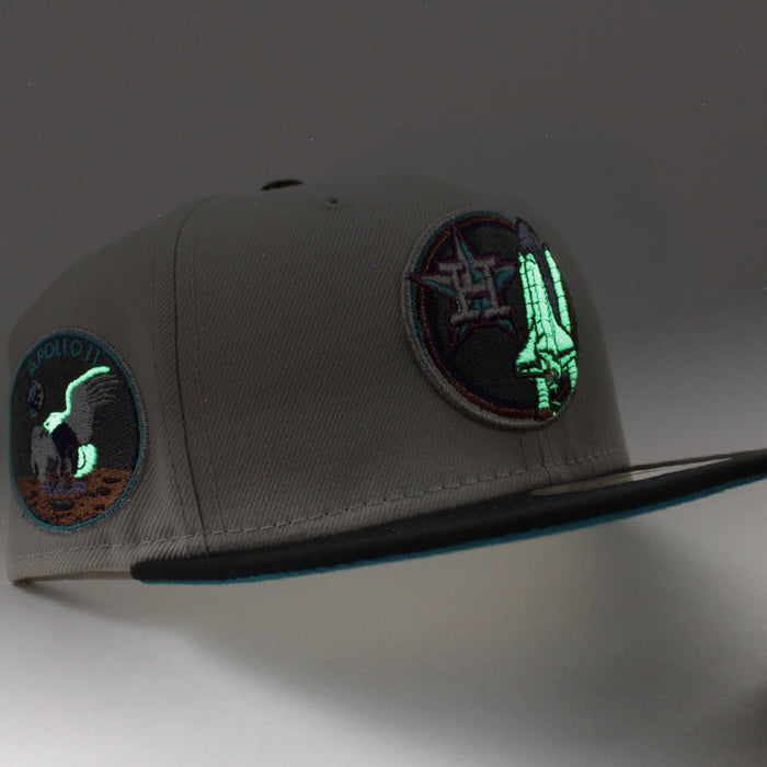 Houston Astros Apollo Patch New Era 59Fifty Fitted Hat (Glow in the Dark Stone Black Aqua Under Brim)