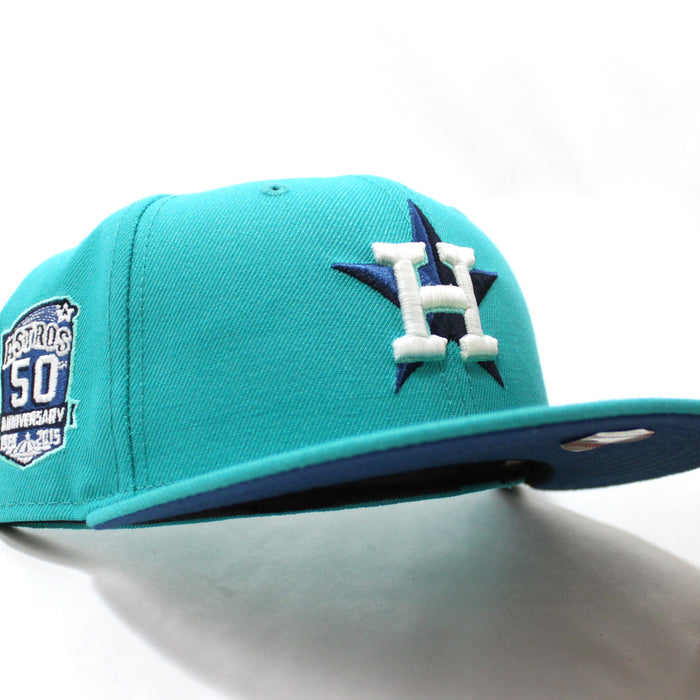 Houston Astros Cooperstown 50th Anniversary New Era 59Fifty Fitted Hat (GITD Teal Blue Under Brim)