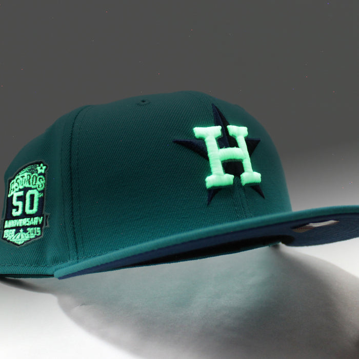 Houston Astros Cooperstown 50th Anniversary New Era 59Fifty Fitted Hat (GITD Teal Blue Under Brim)