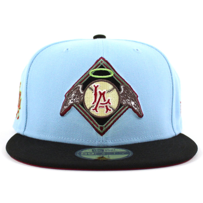 Los Angeles Angels LA PATCH New Era 59Fifty Fitted Hat (DOSCIENTOS BLUE BLACK BRICK RED Under Brim)