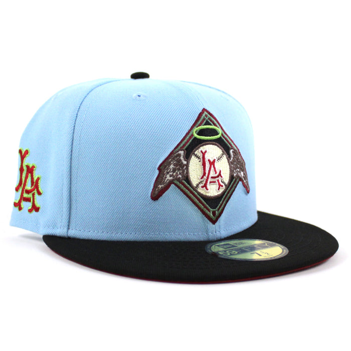 Los Angeles Angels LA PATCH New Era 59Fifty Fitted Hat (DOSCIENTOS BLUE BLACK BRICK RED Under Brim)