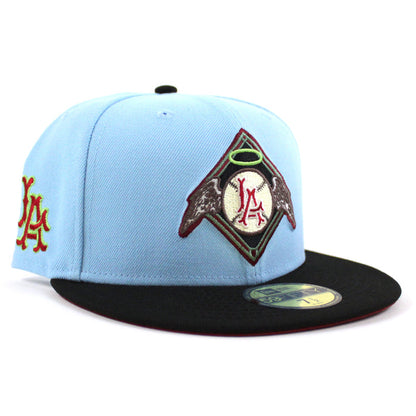 Los Angeles Angels LA PATCH New Era 59Fifty Fitted Hat (DOSCIENTOS BLUE BLACK BRICK RED Under Brim)