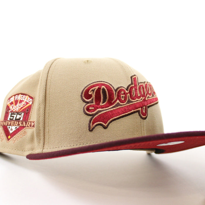 Los Angeles Dodgers 50th Anniversary DODGERS STADIUM New Era 59Fifty Fitted Hat (Camel Maroon Pinot Red Under Brim)