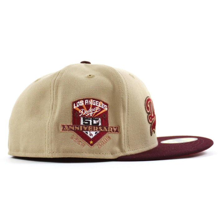 Los Angeles Dodgers 50th Anniversary DODGERS STADIUM New Era 59Fifty Fitted Hat (Camel Maroon Pinot Red Under Brim)