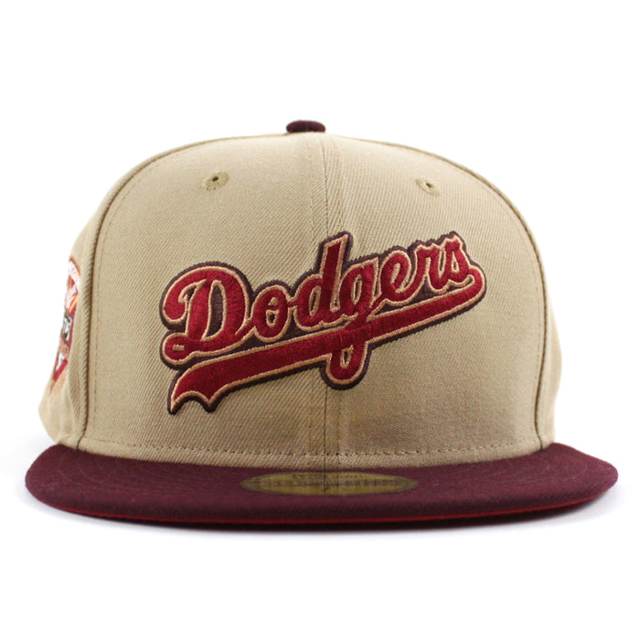 Los Angeles Dodgers 50th Anniversary DODGERS STADIUM New Era 59Fifty Fitted Hat (Camel Maroon Pinot Red Under Brim)