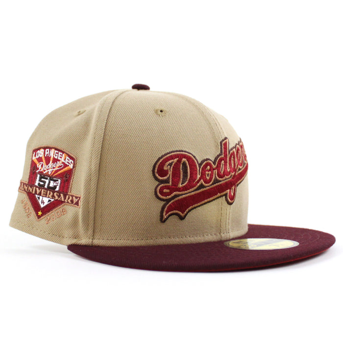 Los Angeles Dodgers 50th Anniversary DODGERS STADIUM New Era 59Fifty Fitted Hat (Camel Maroon Pinot Red Under Brim)