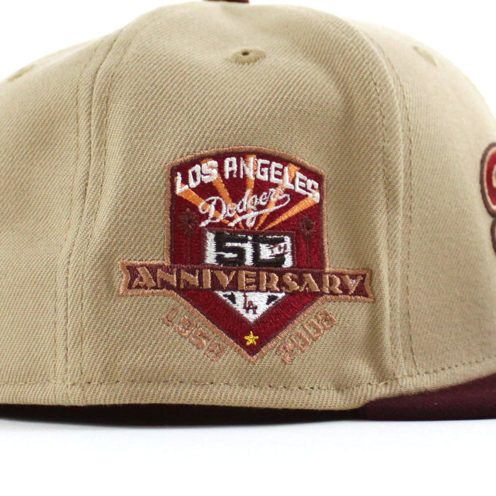 Los Angeles Dodgers 50th Anniversary DODGERS STADIUM New Era 59Fifty Fitted Hat (Camel Maroon Pinot Red Under Brim)