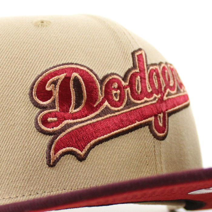 Los Angeles Dodgers 50th Anniversary DODGERS STADIUM New Era 59Fifty Fitted Hat (Camel Maroon Pinot Red Under Brim)