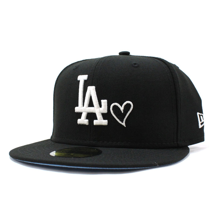 Love Los Angeles Dodgers New Era Fitted 59Fifty Hat (Black Sky Blue Under Brim)