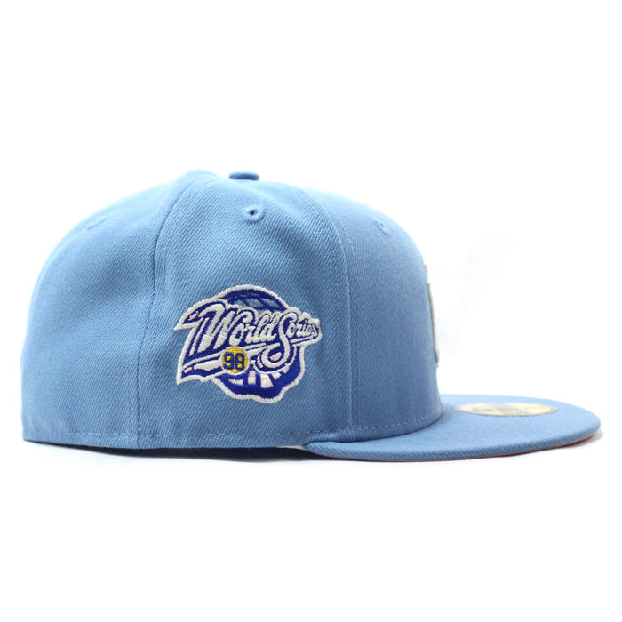 Love New York Yankees 1998 World Series New Era 59Fifty Fitted Hat (Glow in the Dark Sky Blue Pink Under Brim)
