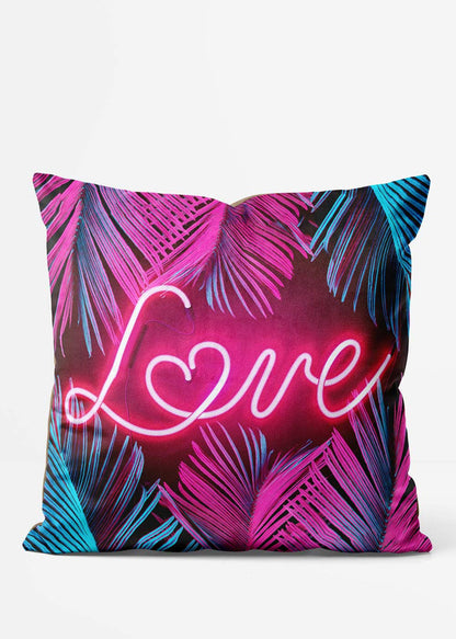 Neon Tropical Love Cushion, front view in pink