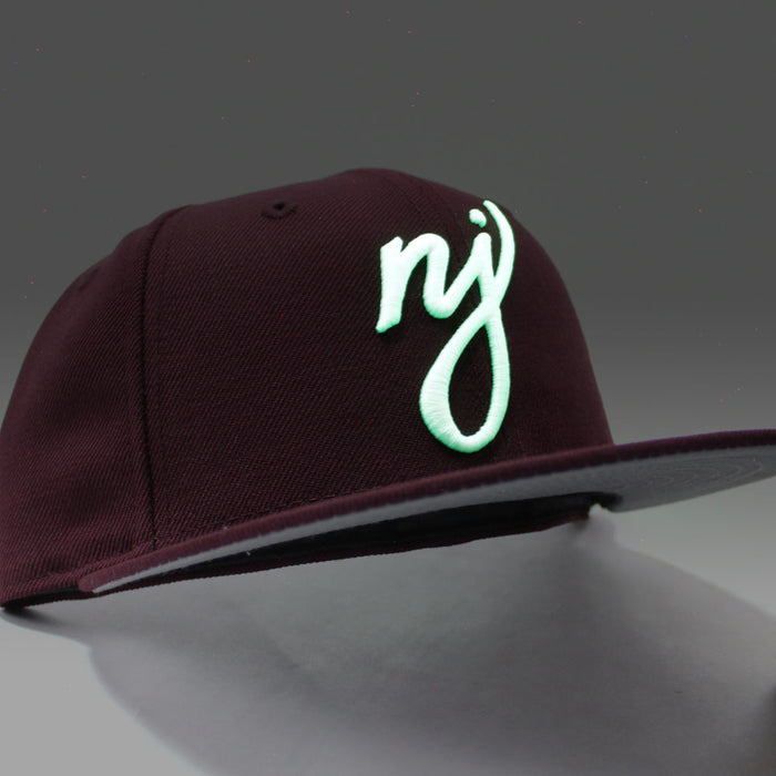 NJ Script New Era 59Fifty Fitted Hat (Glow in the Dark Maroon Gray Under Brim)