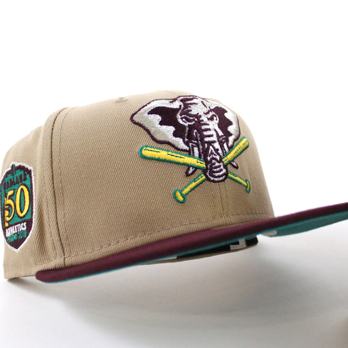 Oakland Athletics 50th Anniversary New Era 59Fifty Fitted Hat (Camel Maroon Turquoise Under Brim)