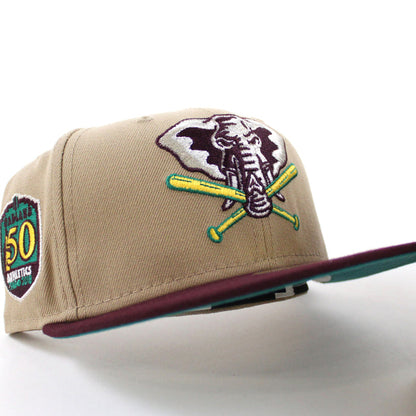 Oakland Athletics 50th Anniversary New Era 59Fifty Fitted Hat (Camel Maroon Turquoise Under Brim)