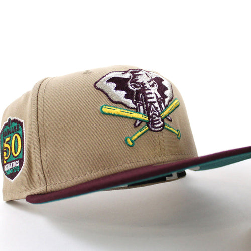 Oakland Athletics 50th Anniversary New Era 59Fifty Fitted Hat (Camel Maroon Turquoise Under Brim)