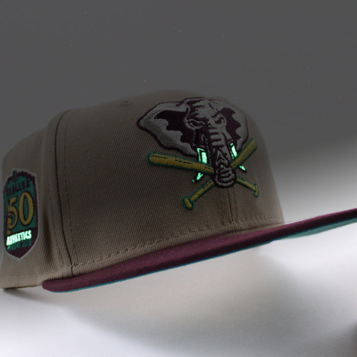 Oakland Athletics 50th Anniversary New Era 59Fifty Fitted Hat (Camel Maroon Turquoise Under Brim)