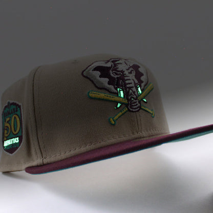 Oakland Athletics 50th Anniversary New Era 59Fifty Fitted Hat (Camel Maroon Turquoise Under Brim)