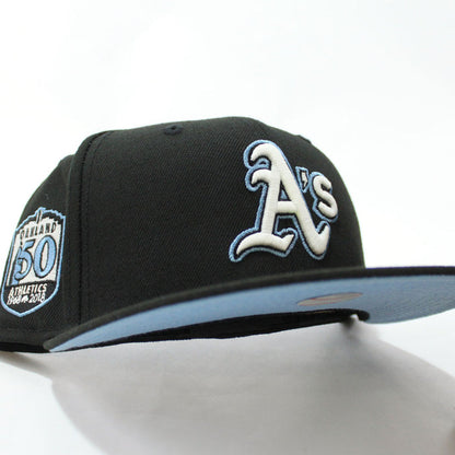 Oakland Athletics 50th Anniversary New Era 59Fifty Fitted Hat (Glow in the Dark Black Sky Blue Under Brim)