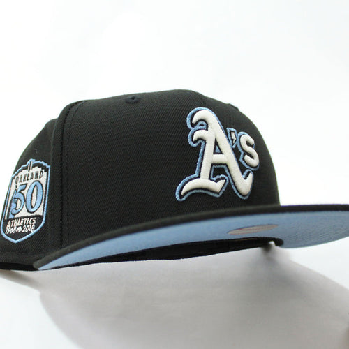 Oakland Athletics 50th Anniversary New Era 59Fifty Fitted Hat (Glow in the Dark Black Sky Blue Under Brim)