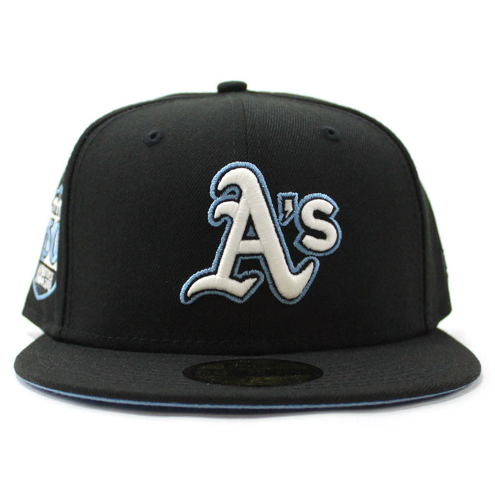 Oakland Athletics 50th Anniversary New Era 59Fifty Fitted Hat (Glow in the Dark Black Sky Blue Under Brim)