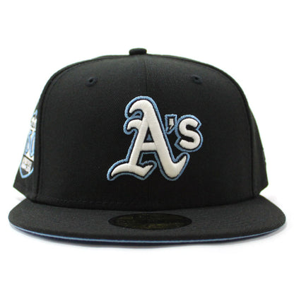 Oakland Athletics 50th Anniversary New Era 59Fifty Fitted Hat (Glow in the Dark Black Sky Blue Under Brim)