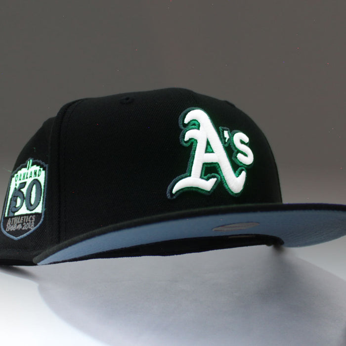 Oakland Athletics 50th Anniversary New Era 59Fifty Fitted Hat (Glow in the Dark Black Sky Blue Under Brim)