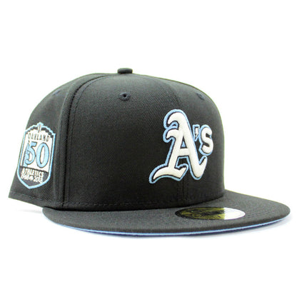 Oakland Athletics 50th Anniversary New Era 59Fifty Fitted Hat (Glow in the Dark Black Sky Blue Under Brim)