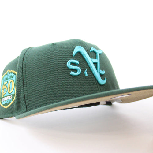 Oakland Athletics 50th Anniversary New Era 59Fifty Fitted Hat (Green Khaki Underbrim)