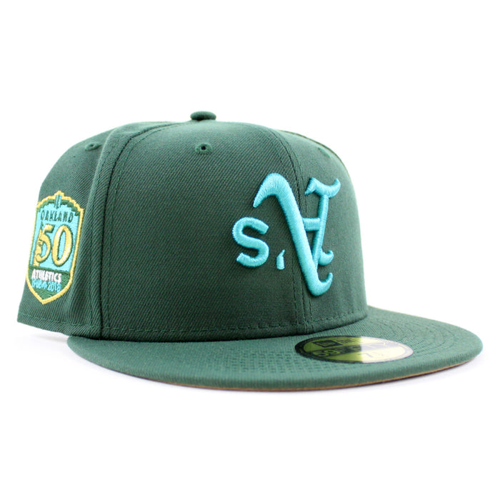 Oakland Athletics 50th Anniversary New Era 59Fifty Fitted Hat (Green Khaki Underbrim)