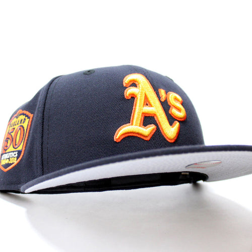 Oakland Athletics 50th Anniversary New Era 59Fifty Fitted Hat (Retro Warriors Colors Grey Under Brim)