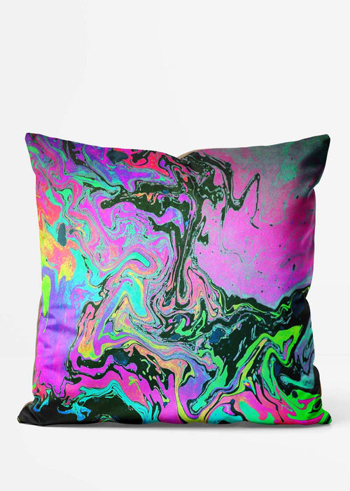 Oil Slick Cushion, front view in pink