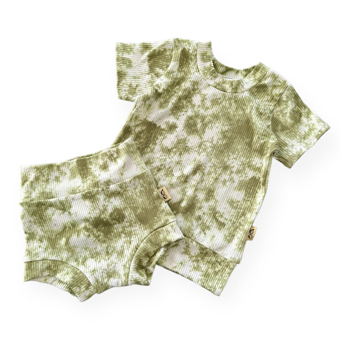 Olive Green Tie Dye Ribbed Summer Lounge Set