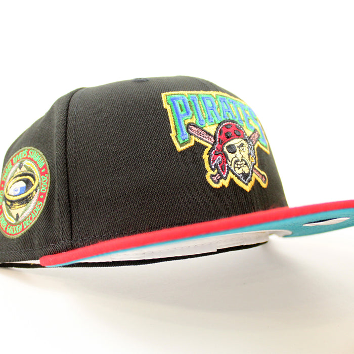Pittsburgh Pirates THREE RIVERS STADIUM 59Fifty New Era Fitted Hat (BLACK SCARLET TITLEWAVE Under Brim)