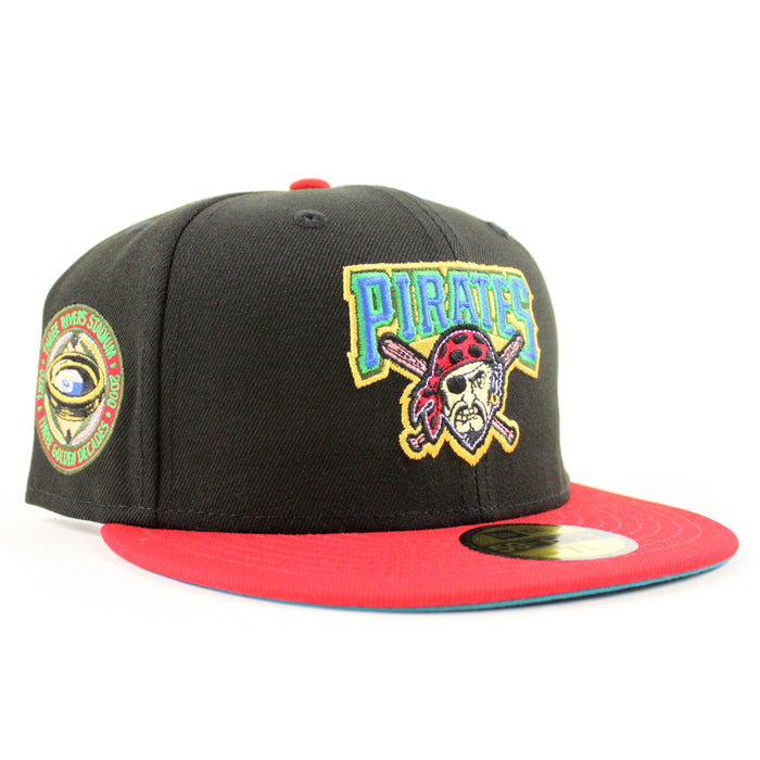 Pittsburgh Pirates THREE RIVERS STADIUM 59Fifty New Era Fitted Hat (BLACK SCARLET TITLEWAVE Under Brim)