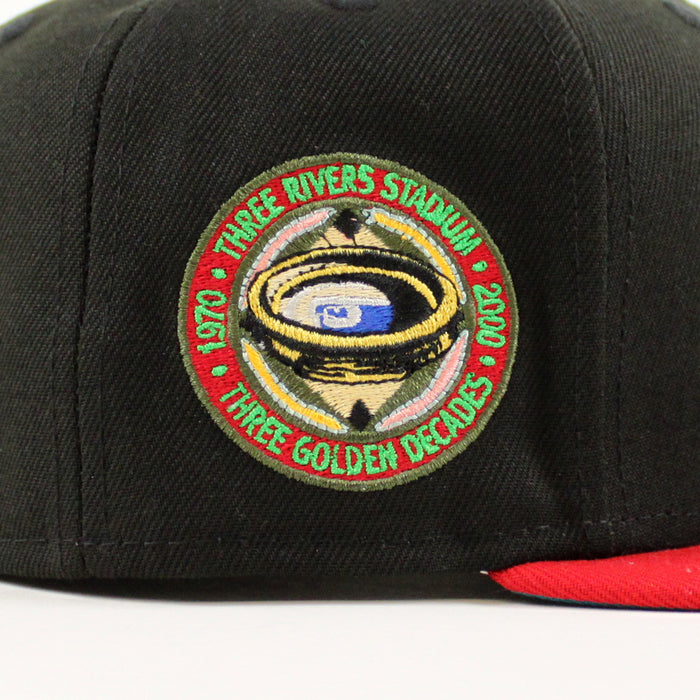 Pittsburgh Pirates THREE RIVERS STADIUM 59Fifty New Era Fitted Hat (BLACK SCARLET TITLEWAVE Under Brim)