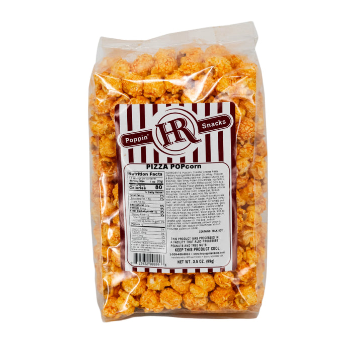 A pack of HR Poppin' Snacks pizza popcorn in a transparent plastic packaging with red and white striped design, showing the popcorn inside.