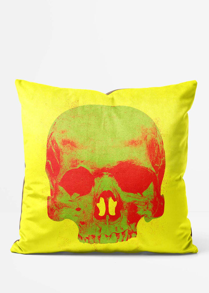 Popart Warhol Style Green Skull Cushion, front view in yellow