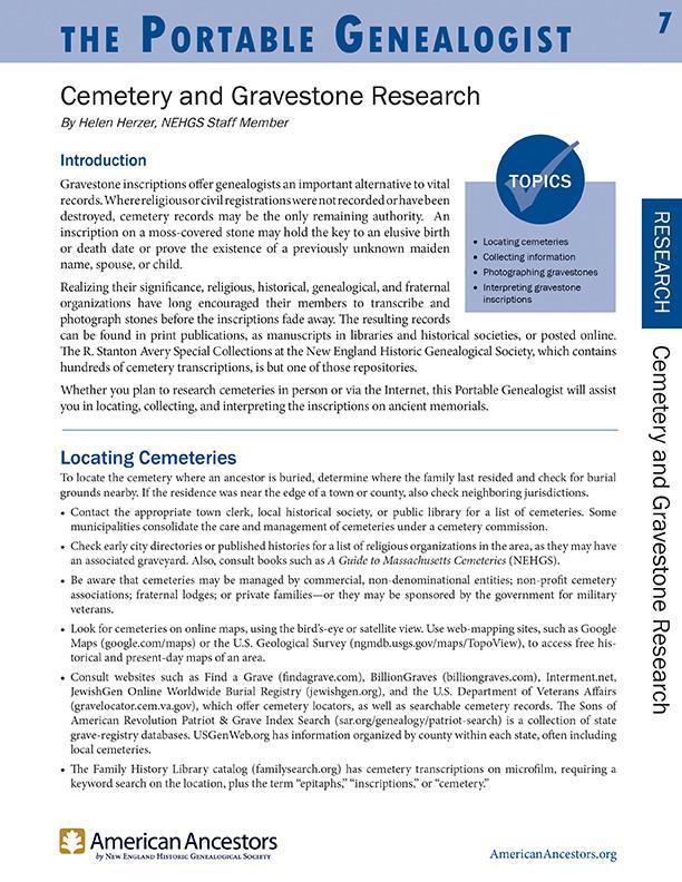 Portable Genealogist: Cemetery and Gravestone Research-New England Historic Genealogical Society-Atlas Preservation