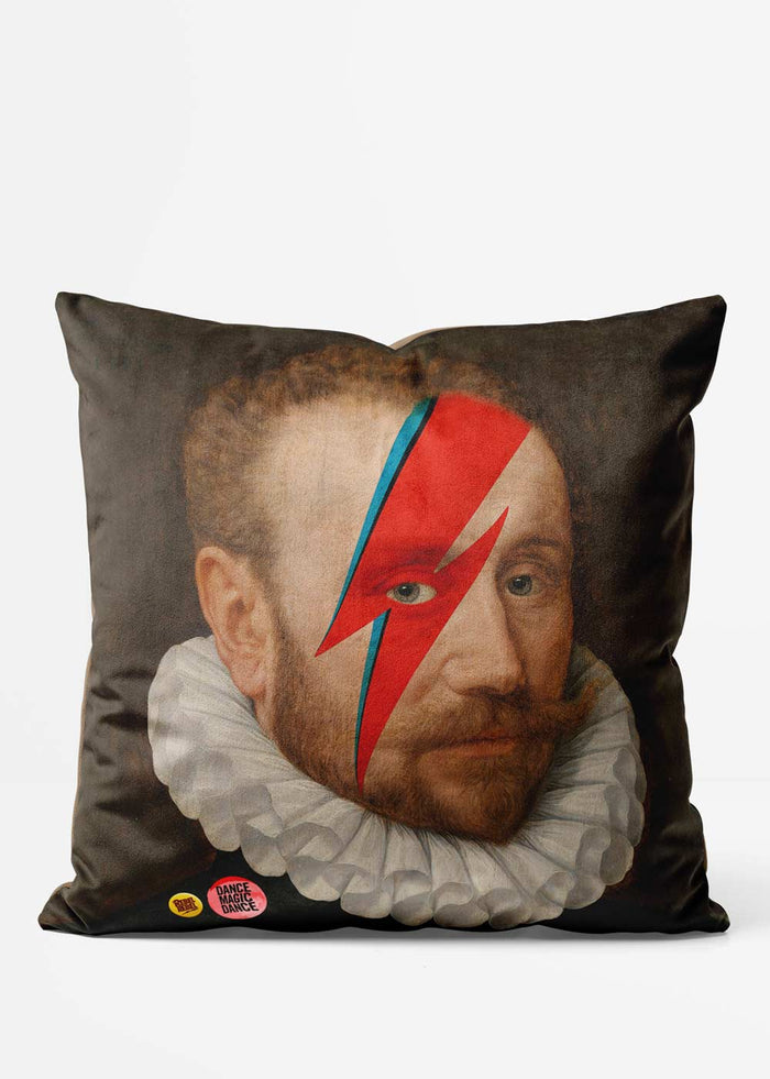 Rebel Bowie Altered Art Cushion, front view